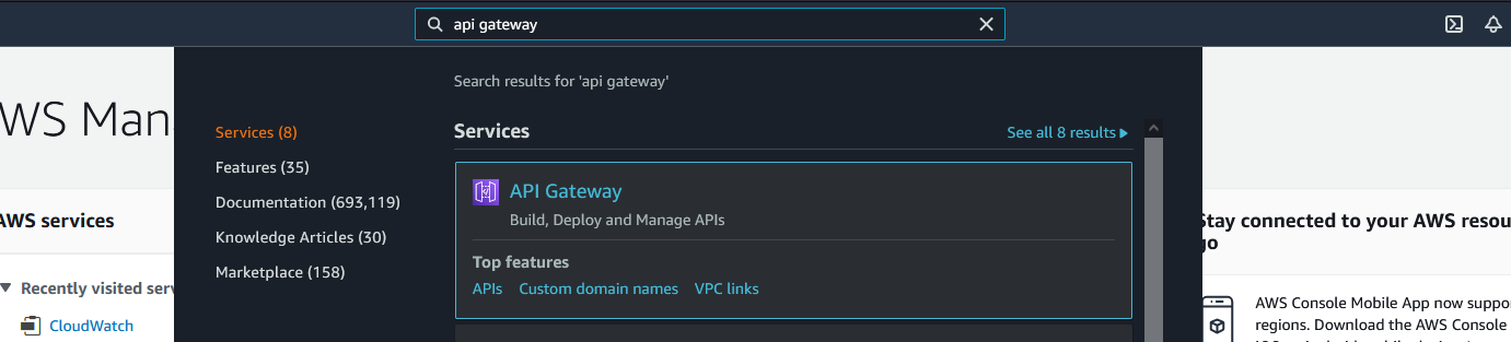 The search bar in AWS showing "api gateway" in the search bar with a result of "API Gateway".