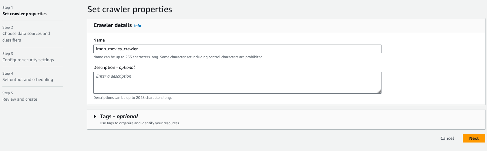 First step for creating a crawler in AWS Glue which needs a name and, optionally, a description.