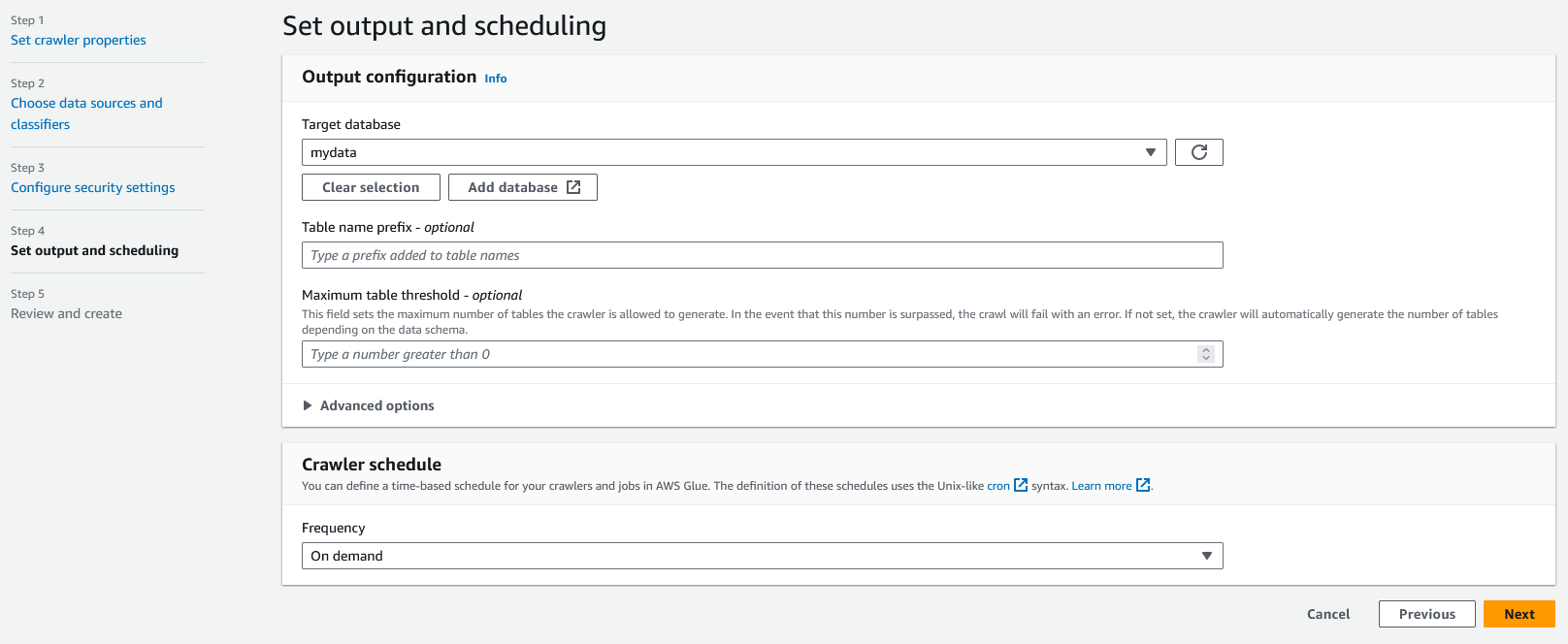 Fourth step for creating a crawler in AWS Glue which needs a database and a schedule.