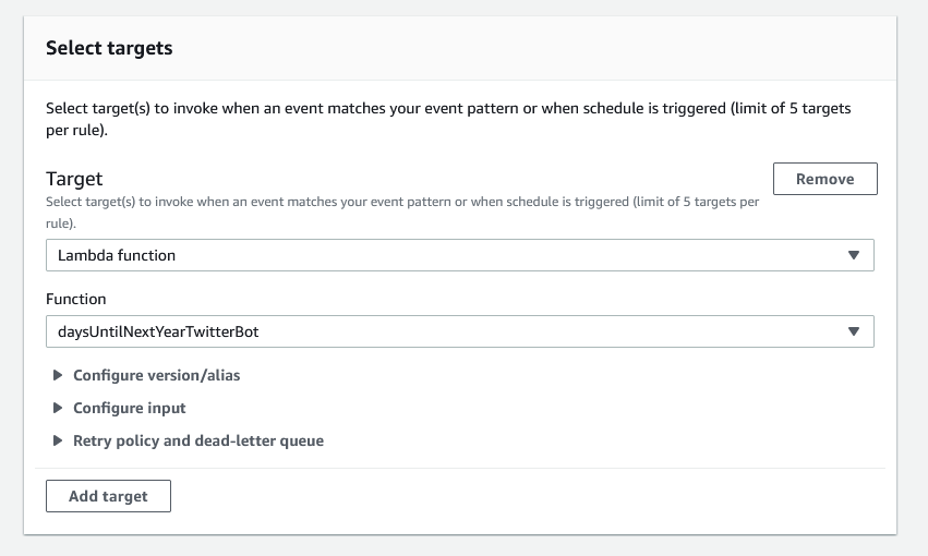 EventBridge target settings. Shows a dropdown for target with "Lambda function" entered and a dropdown for function with our bot function selected.