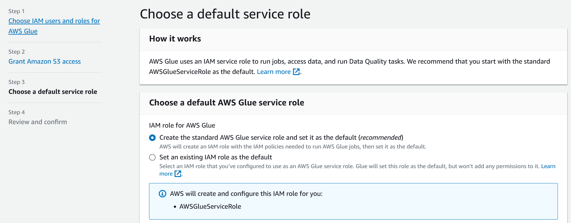 AWS Glue's choose a default service role step