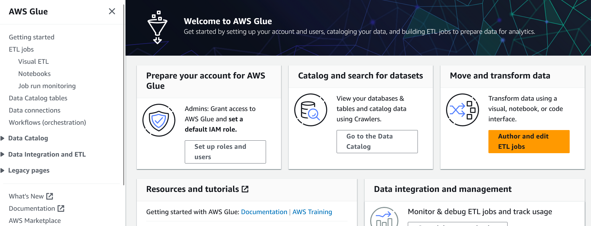 AWS Glue Main Page