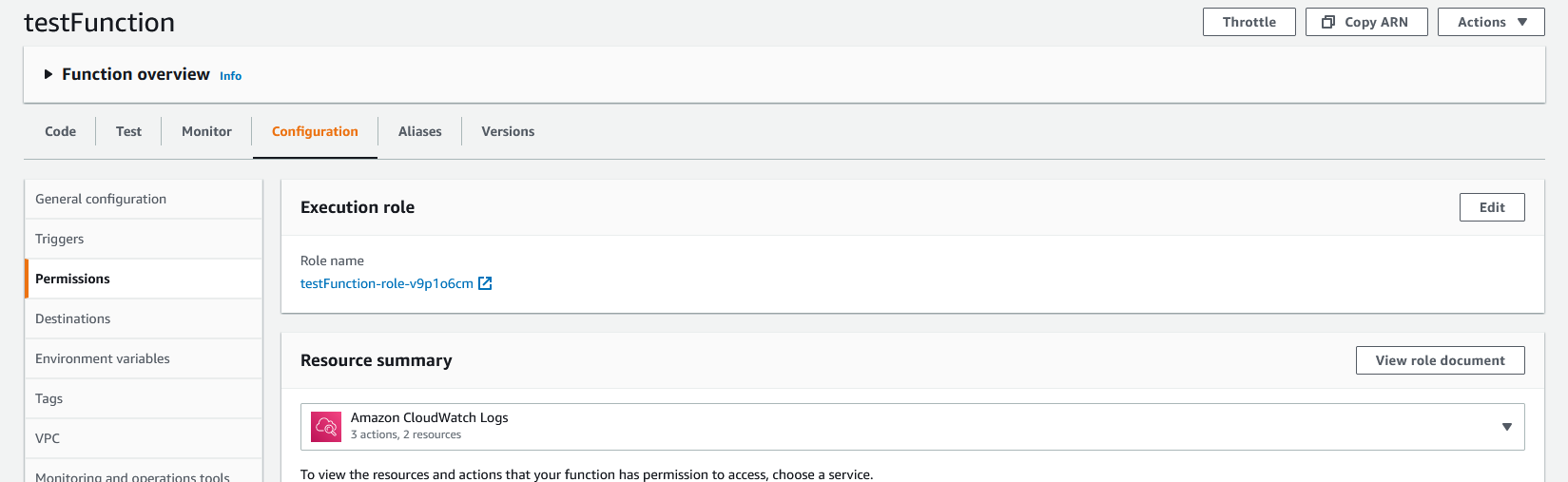 The configuration page for a lambda function with the left navigation set to Permissions. The top panel is an "Execution role" with a clickable role name shown.
