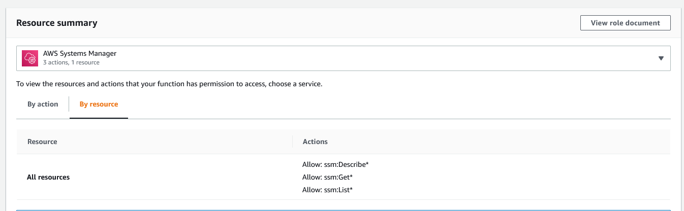 The resource panel on the permissions page. The drop down has AWS Systems Manager selected. In the Actions column, it lists three "allow" permissions including ssm get *.