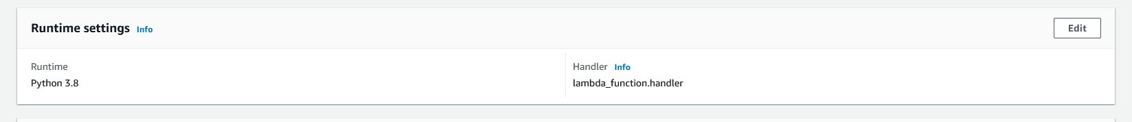 Runtime settings section with runtime set to Python 3.8 and handler set to lambda_function.handler
