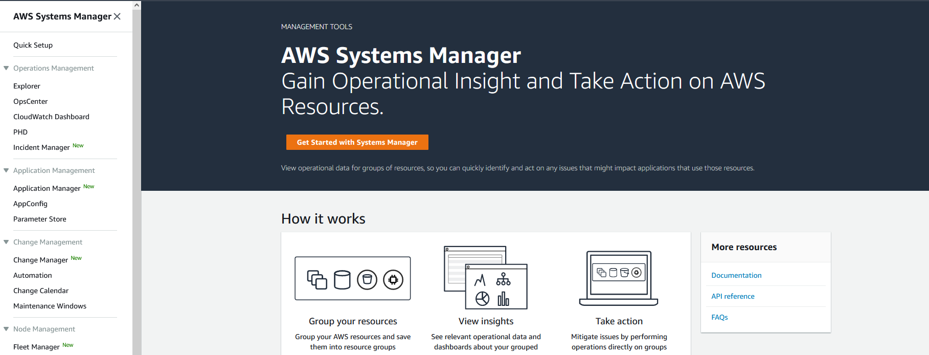 AWS Systems Manager dashboard with navigation along the left side with links for cloudwatch dashboard, application manager, and parameter store.