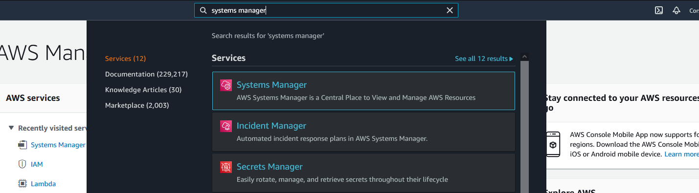 AWS console with focus on the top search bar with "systems manager" entered.