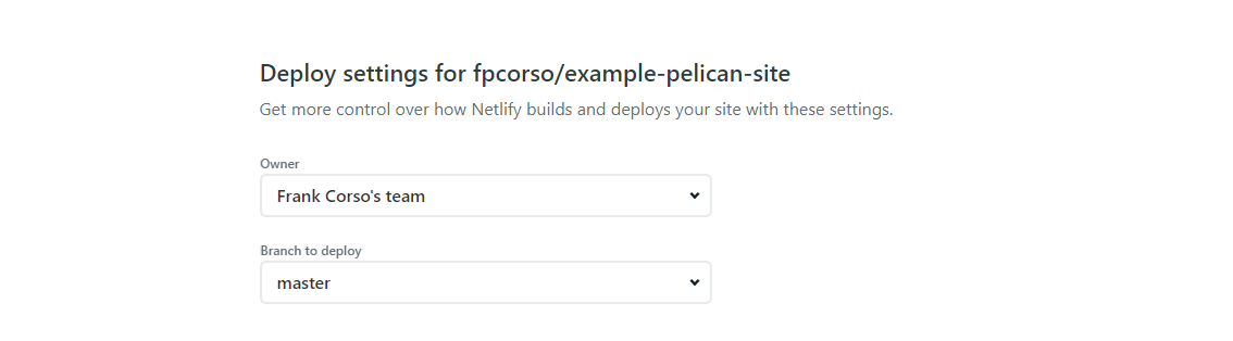 Deploy settings for the site showing branch to deploy set to master.