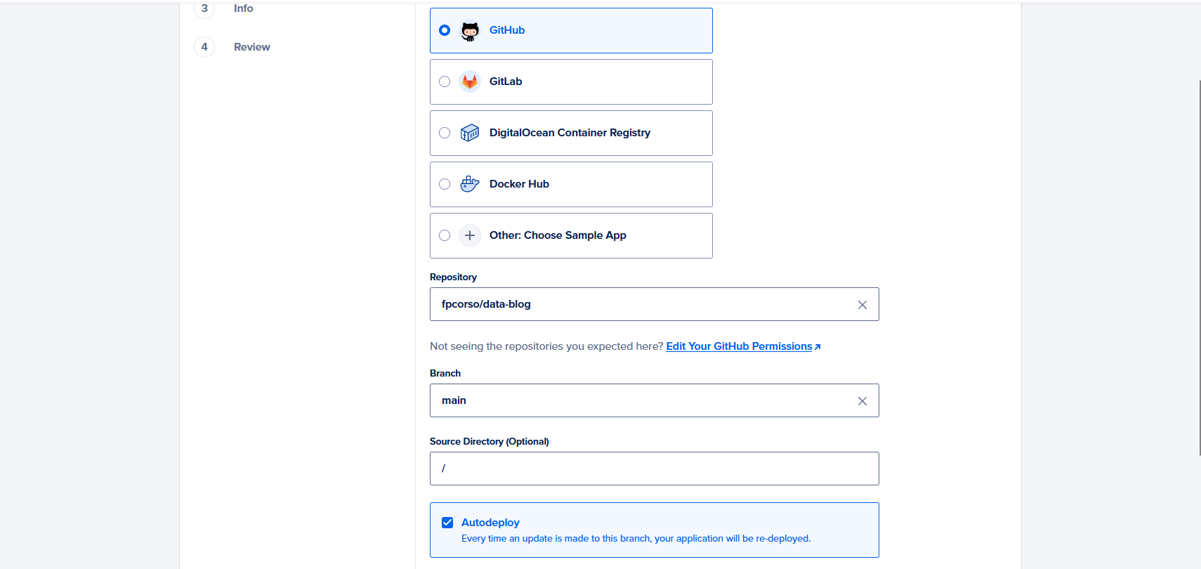 First page of creating a new app. Has several options for service provider and drop downs for repo and branch.