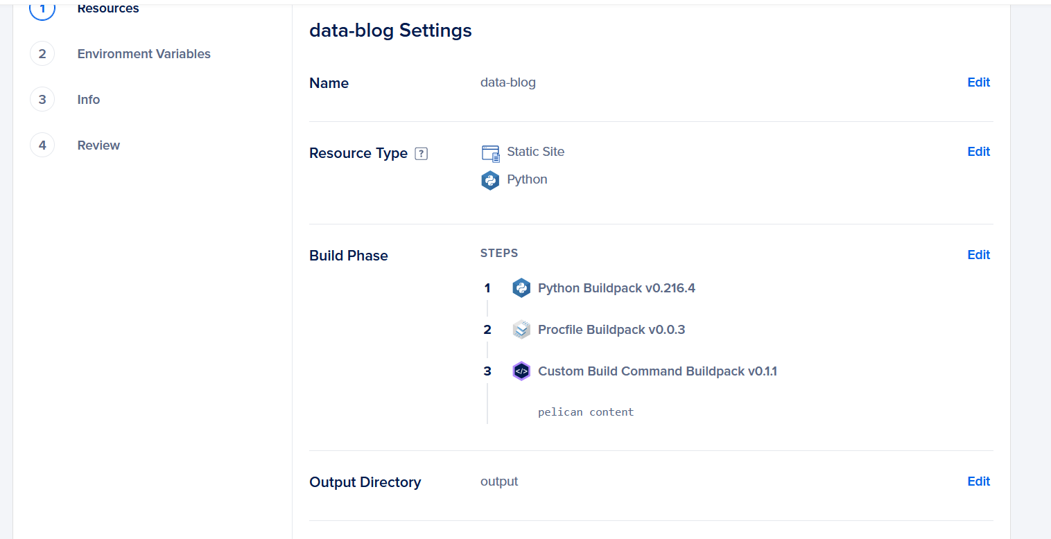 Edit screen for component. Shows resource type as Python and static site. Also shows Python Buildpack and the custom build command filled in.