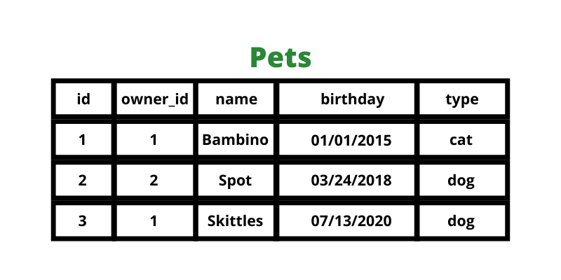 Pets table with three rows in it representing the three pets.