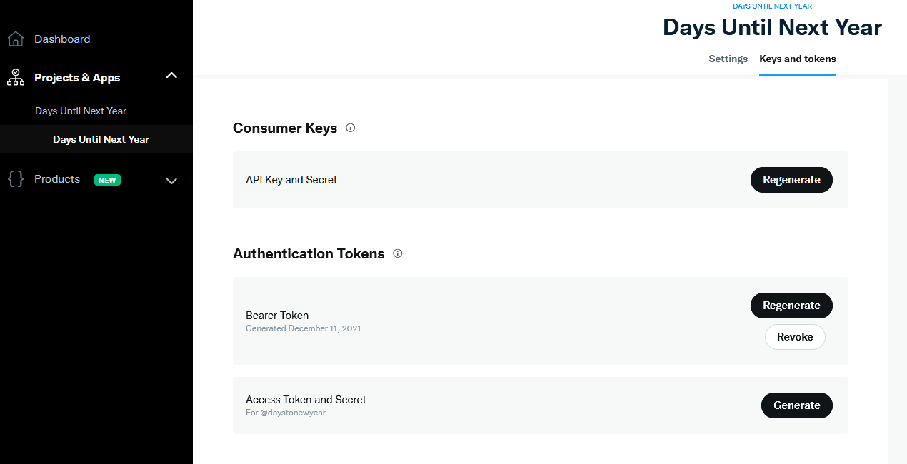 The app's keys and tokens screen with sections for consumer keys and authentication tokens.