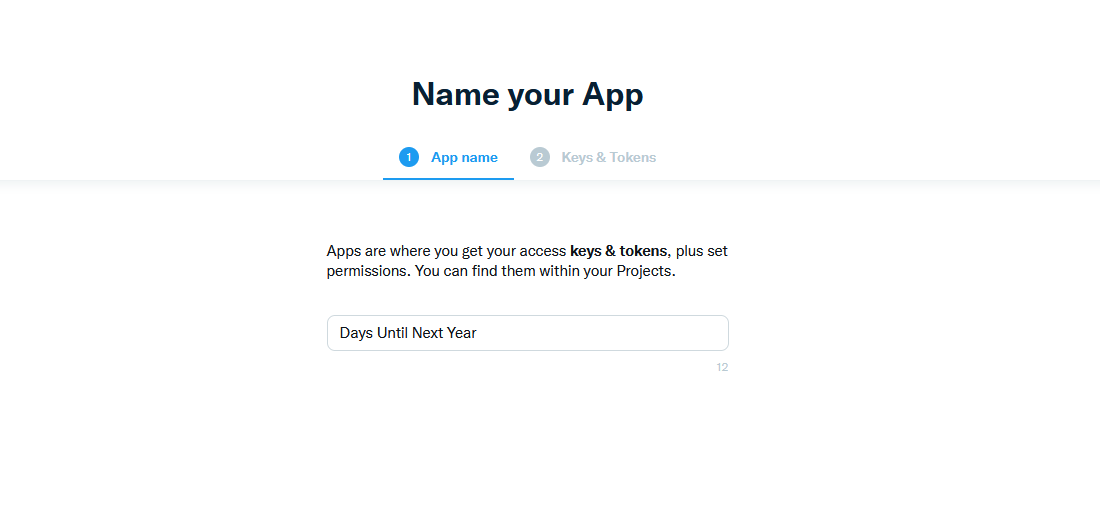 A name your app screen with "Days Until Next Year" entered as the name.