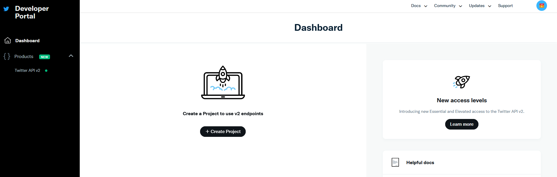 Twitter developer portal with no projects listed. A Create Project button is in the middle.