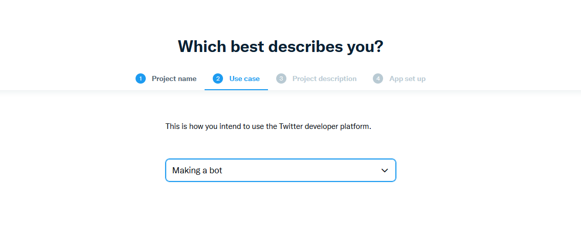 Tab that asks "Which best describes you?" with a use case drop-down currently showing "Making a bot"
